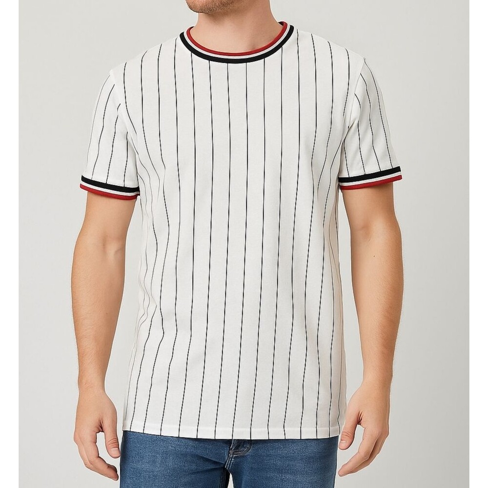 Forever 21 Men’s White Pinstripe T-Shirt Size S Black Red‎ Trim Crew Neck Casual